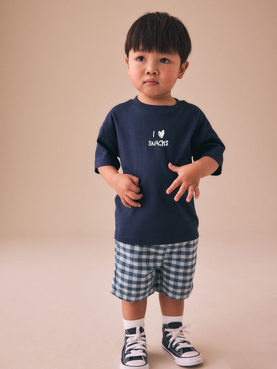 Navy Blue I love snacks Slogan Short Sleeve Small Graphic T-Shirt (3mths-8yrs)