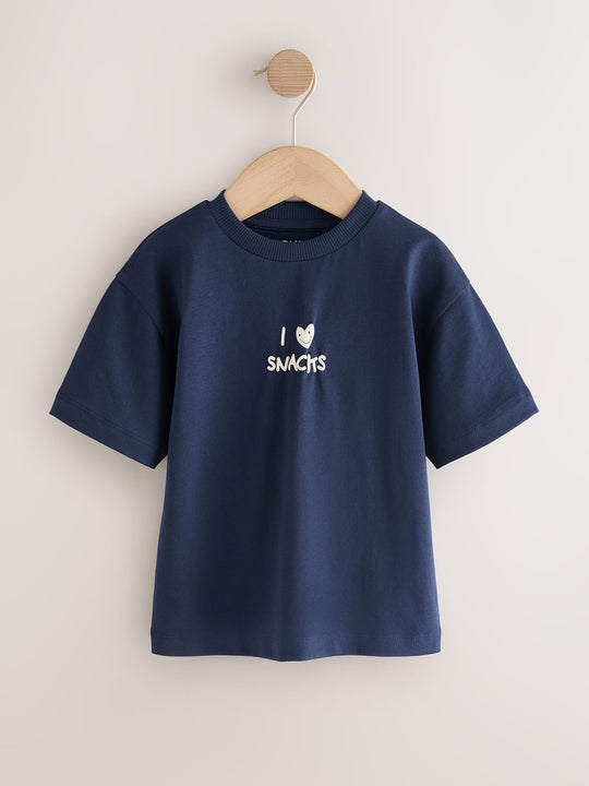 Navy Blue I love snacks Slogan Short Sleeve Small Graphic T-Shirt (3mths-8yrs)