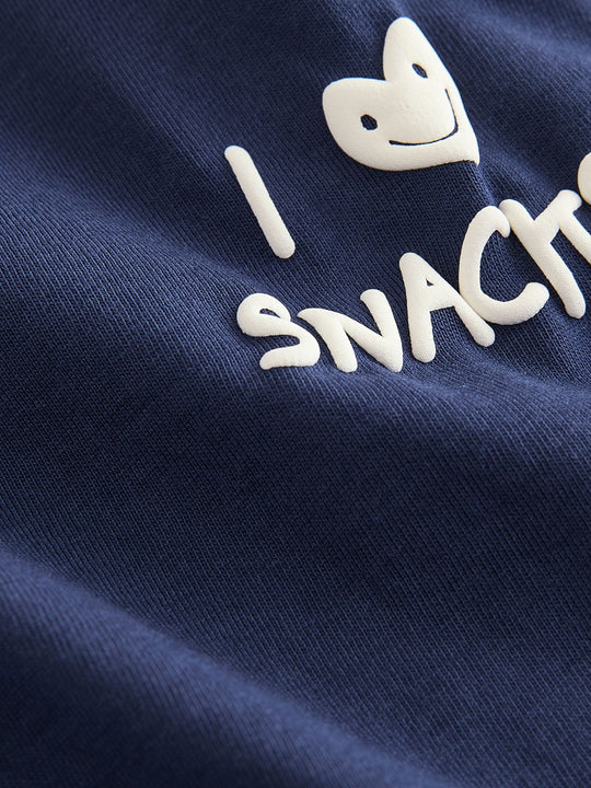 Navy Blue I love snacks Slogan Short Sleeve Small Graphic T-Shirt (3mths-8yrs)