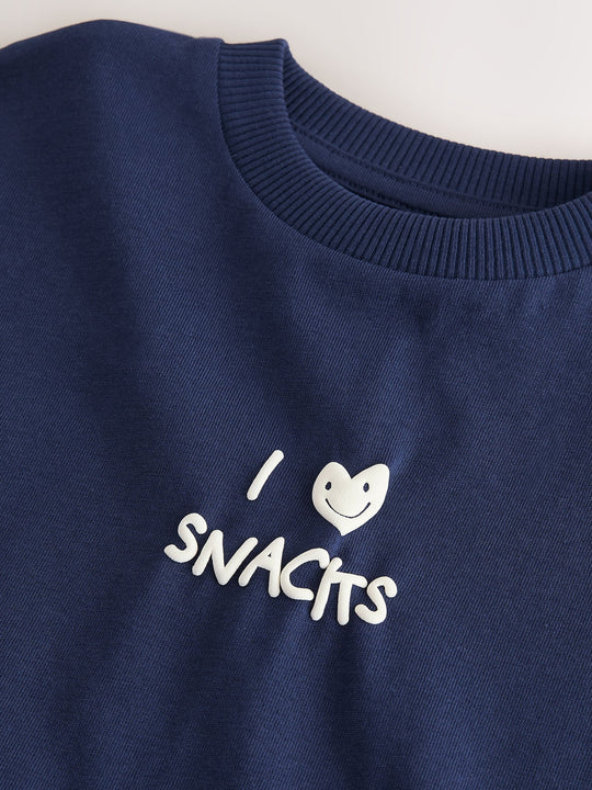 Navy Blue I love snacks Slogan Short Sleeve Small Graphic T-Shirt (3mths-8yrs)