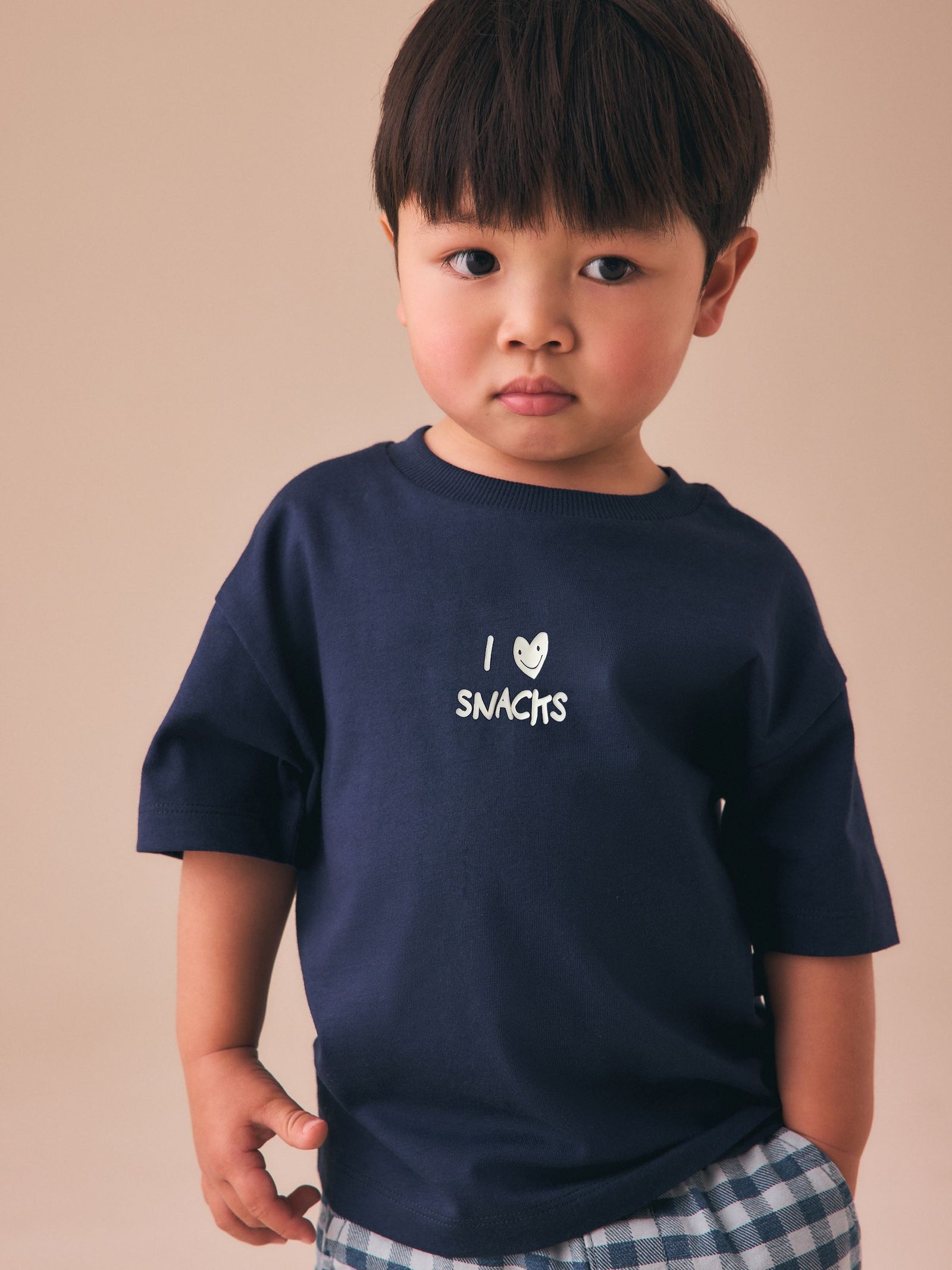 Navy Blue I love snacks Slogan Short Sleeve Small Graphic T-Shirt (3mths-8yrs)