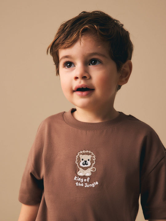 Chocolate Brown Lion Short Sleeve Small Graphic T-Shirt (3mths-7yrs)