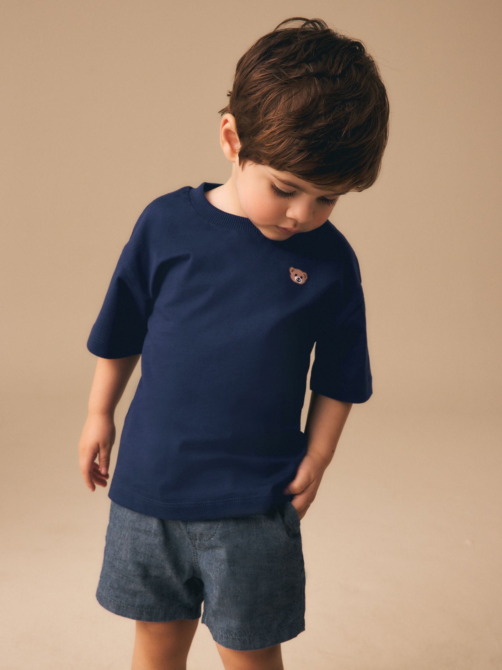 Navy Blue Embroidery Bear Short Sleeve Small Graphic T-Shirt (3mths-7yrs)