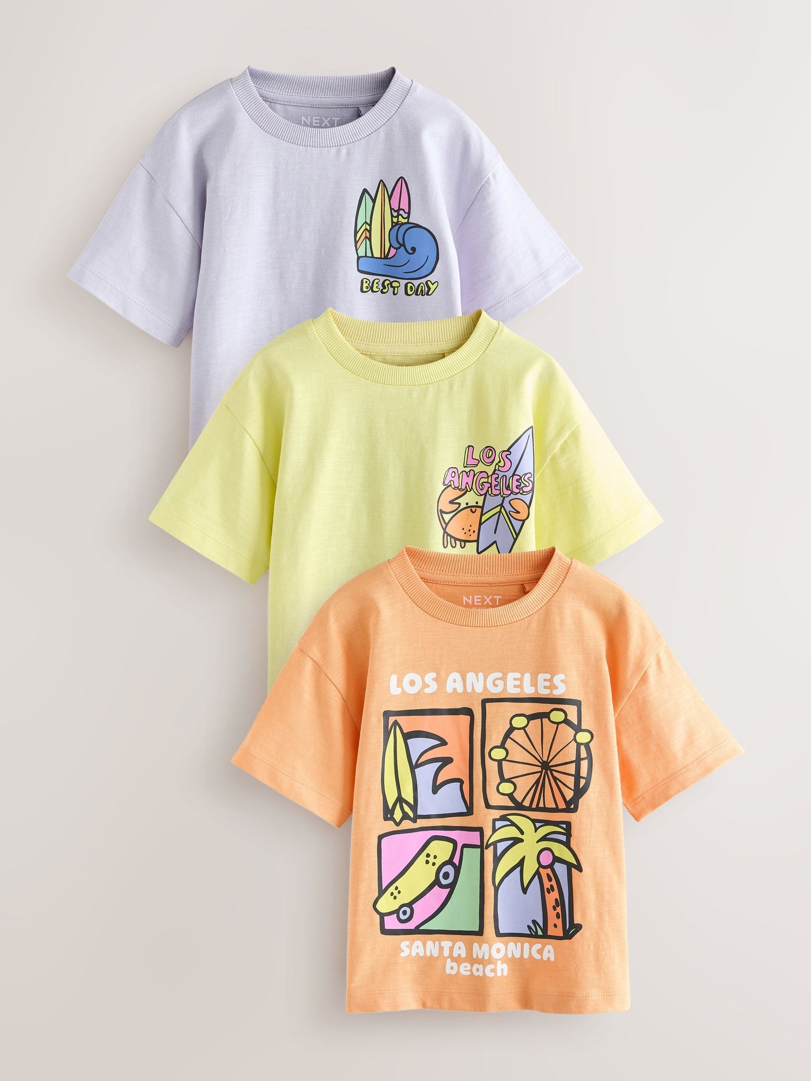 Yellow LA Surf Short Sleeve Graphic T-Shirts 3 Pack (3mths-7yrs)