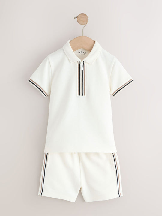 White Zip Neck Short Sleeve Polo Shirt And Shorts Set (3mths-7yrs)