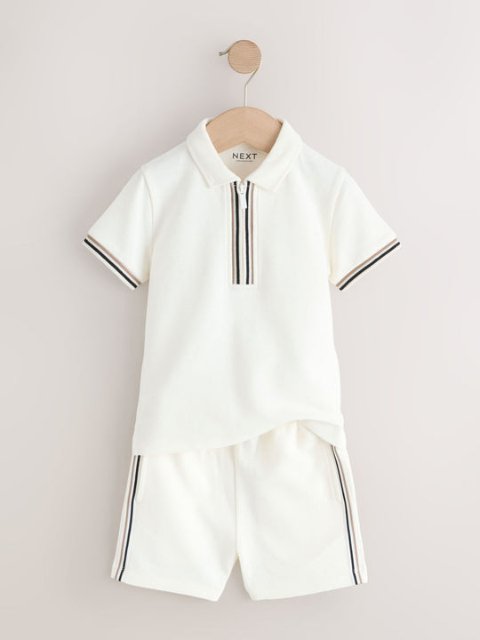 White Zip Neck Short Sleeve Polo Shirt And Shorts Set (3mths-7yrs)