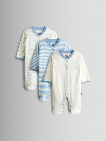 JoJo Maman Bébé Blue Elephant Cotton Footed 3 Pack Sleepsuit