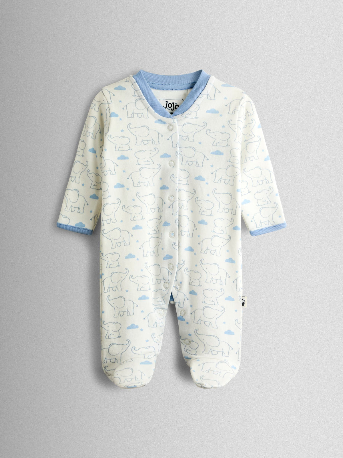 JoJo Maman Bébé Blue Elephant Cotton Footed 3 Pack Sleepsuit