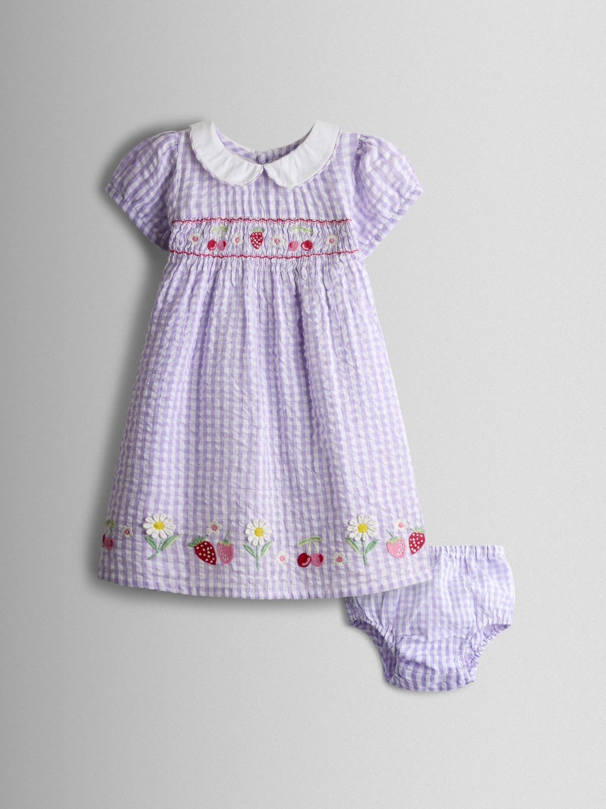 JoJo Maman Bébé Lilac Purple Cherry Appliqué Smocked Dress