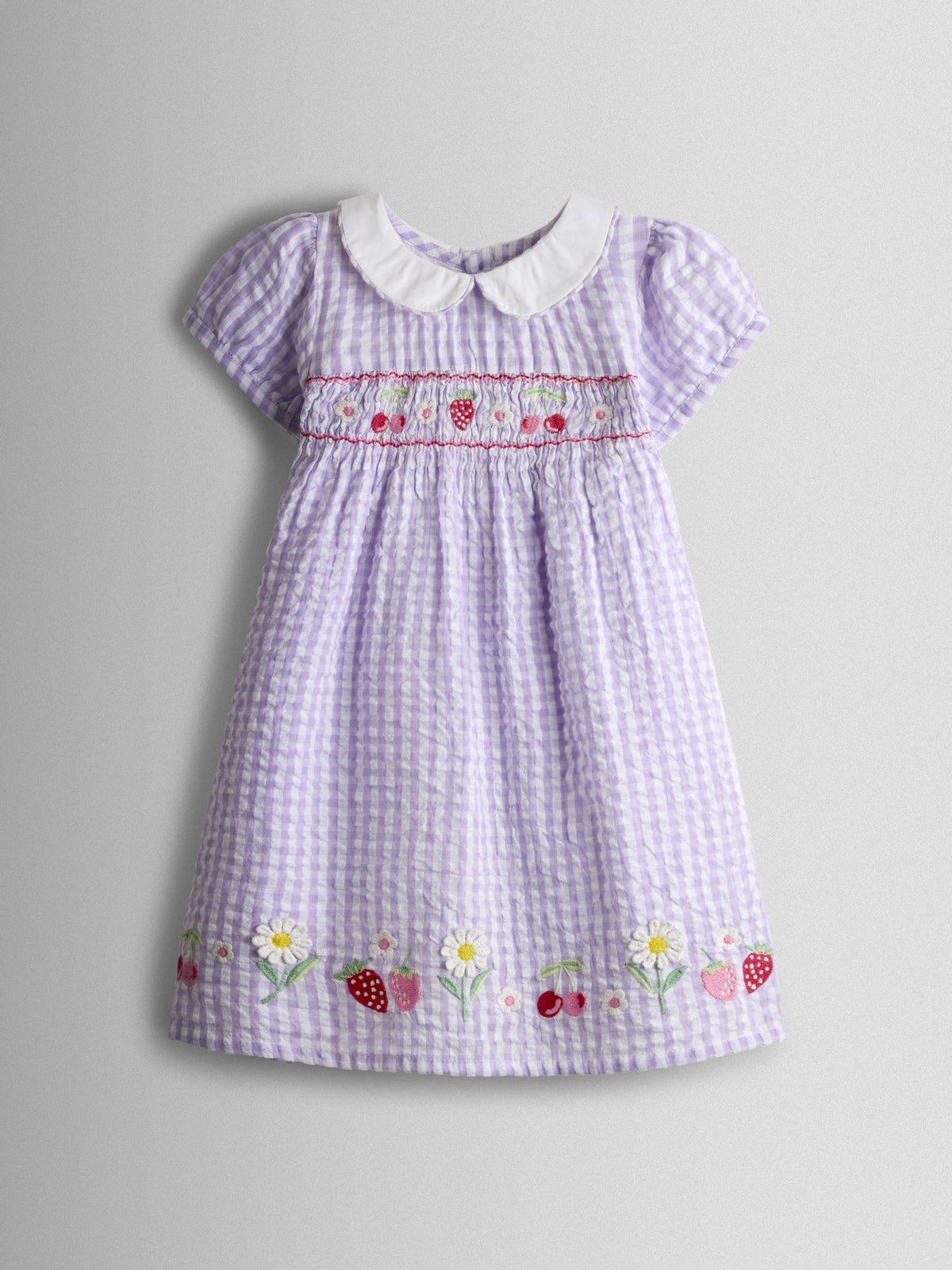 JoJo Maman Bébé Lilac Purple Cherry Appliqué Smocked Dress