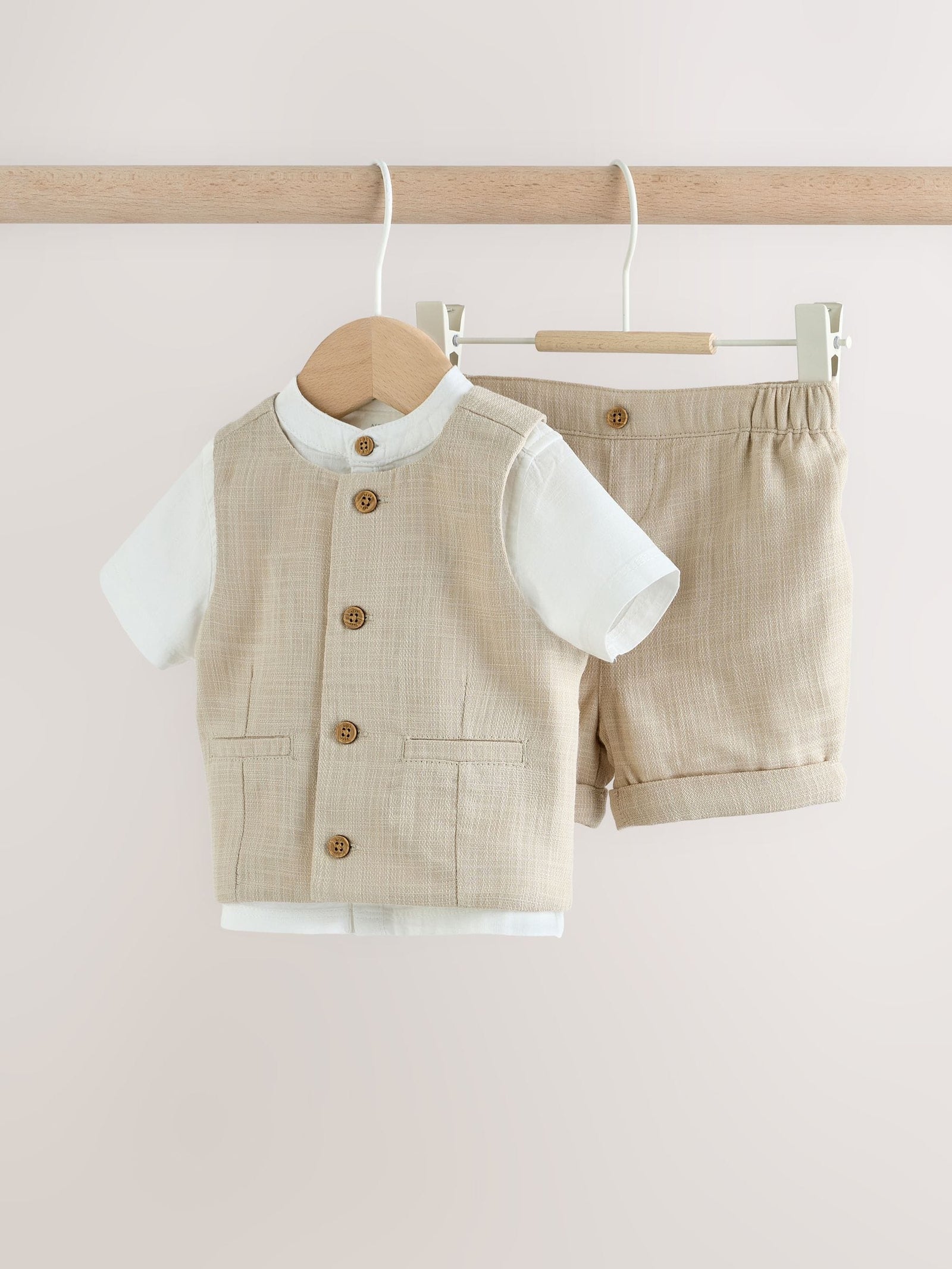 Neutral Woven Waistcoat, Shirt and Shorts Baby Set 3 Piece (0mths-2yrs)