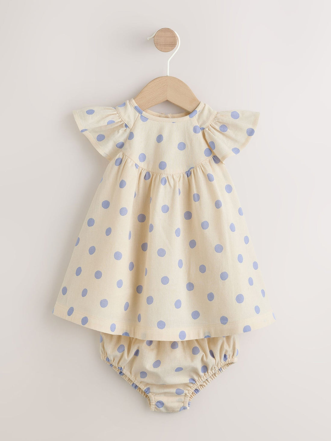 Blue/Ecru Spot Woven Baby Dress And Knickers Set 2 Piece (0mths-3yrs)