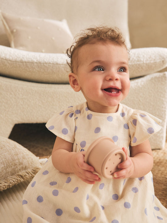 Blue/Ecru Spot Woven Baby Dress And Knickers Set 2 Piece (0mths-3yrs)