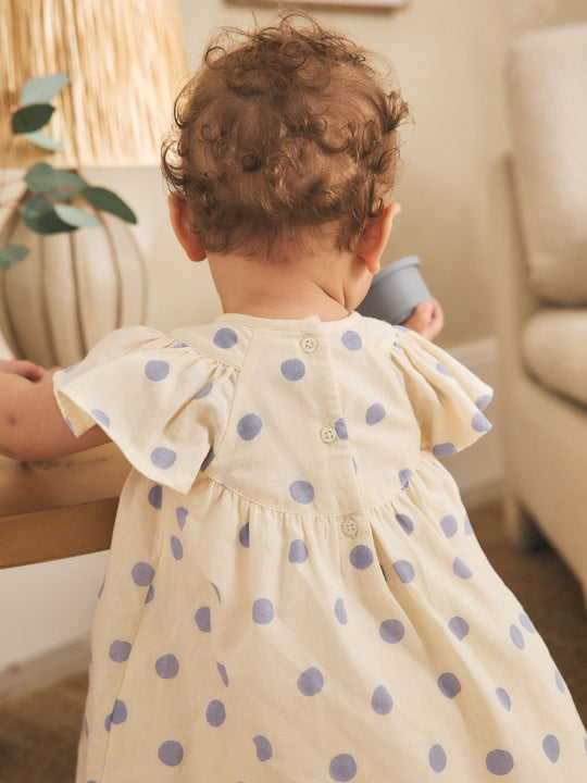 Blue/Ecru Spot Woven Baby Dress And Knickers Set 2 Piece (0mths-3yrs)