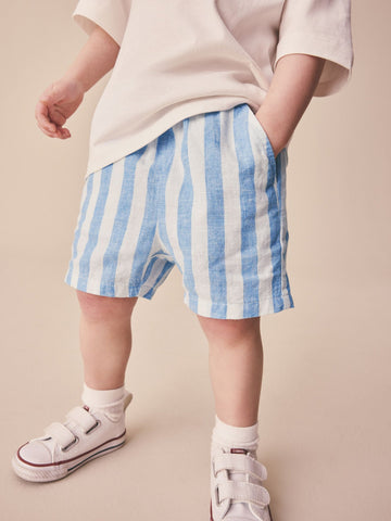 Blue Stripe Linen Blend Pull On Shorts (3mths-7yrs)