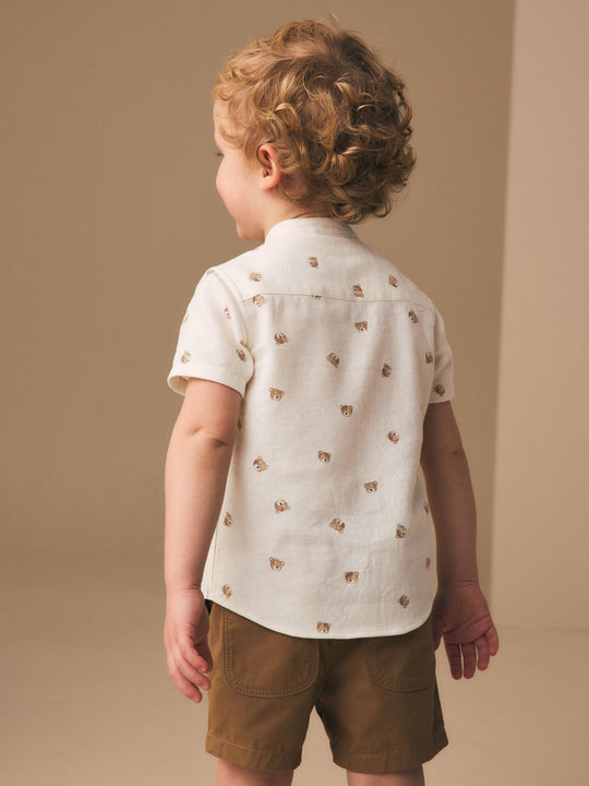 Ecru Bear All Over Print Short Sleeve Grandad Collar Printed Shirt (3mths-7yrs)
