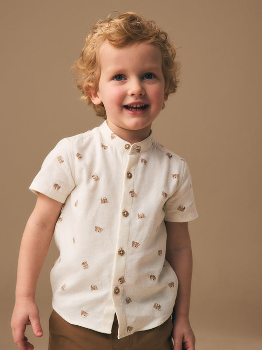 Ecru Bear All Over Print Short Sleeve Grandad Collar Printed Shirt (3mths-7yrs)