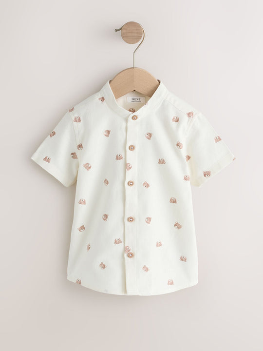 Ecru Bear All Over Print Short Sleeve Grandad Collar Printed Shirt (3mths-7yrs)