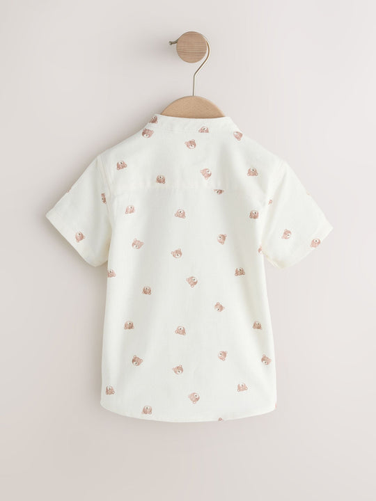 Ecru Bear All Over Print Short Sleeve Grandad Collar Printed Shirt (3mths-7yrs)