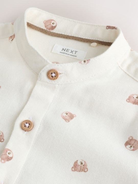 Ecru Bear All Over Print Short Sleeve Grandad Collar Printed Shirt (3mths-7yrs)