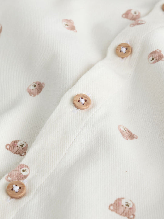Ecru Bear All Over Print Short Sleeve Grandad Collar Printed Shirt (3mths-7yrs)