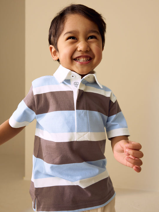 Chocolate Brown/Blue/White Short Sleeve Rugby Polo Shirt (3mths-7yrs)