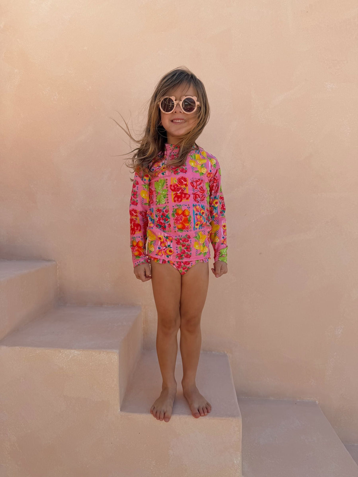 Never Fully Dressed Pink Fruit Print Sunsafe Long Sleeve Rash Vest and Swim Set