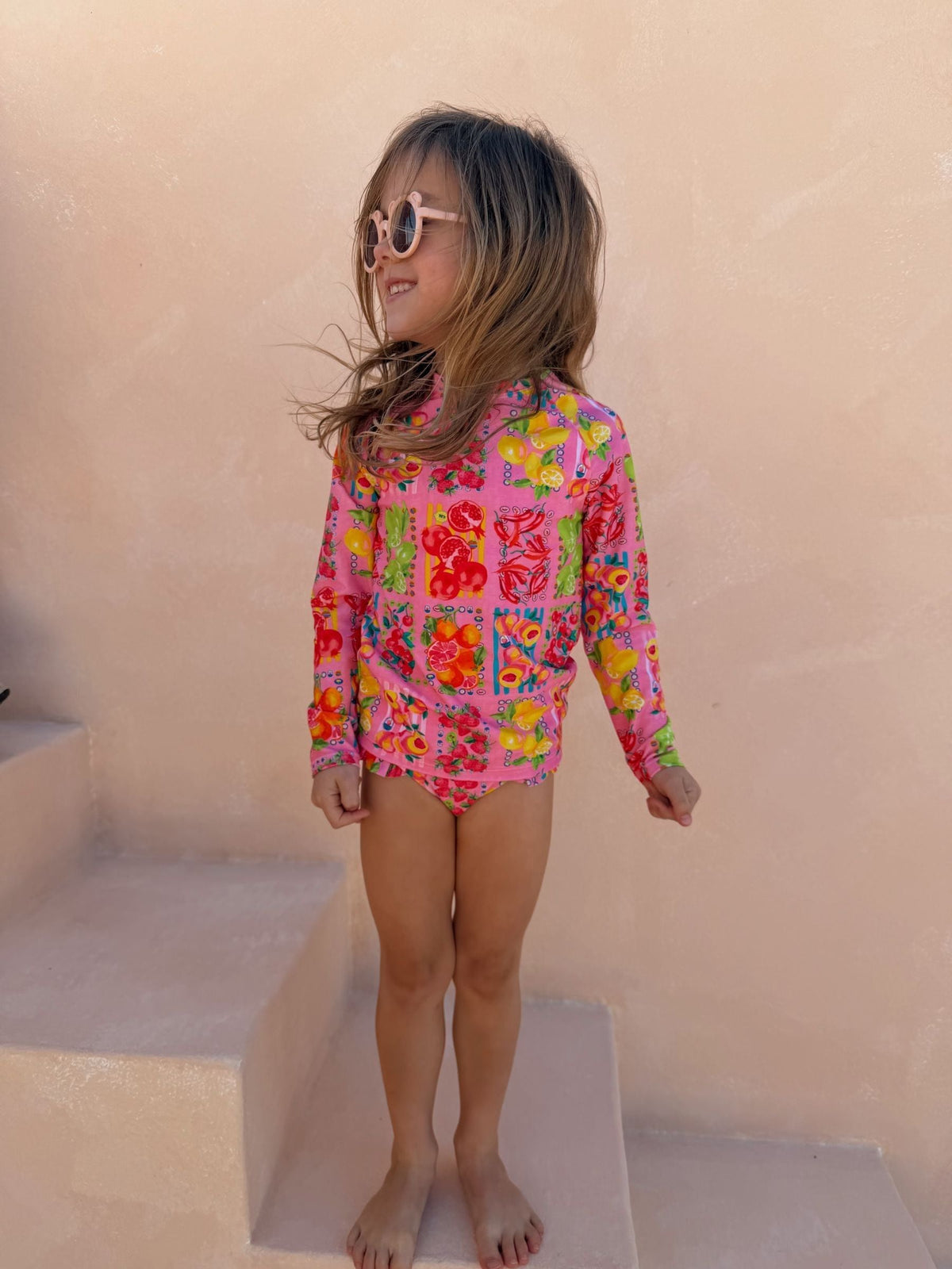 Never Fully Dressed Pink Fruit Print Sunsafe Long Sleeve Rash Vest and Swim Set
