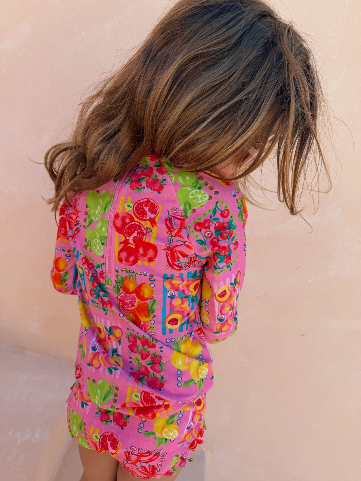 Never Fully Dressed Pink Fruit Print Sunsafe Long Sleeve Rash Vest and Swim Set