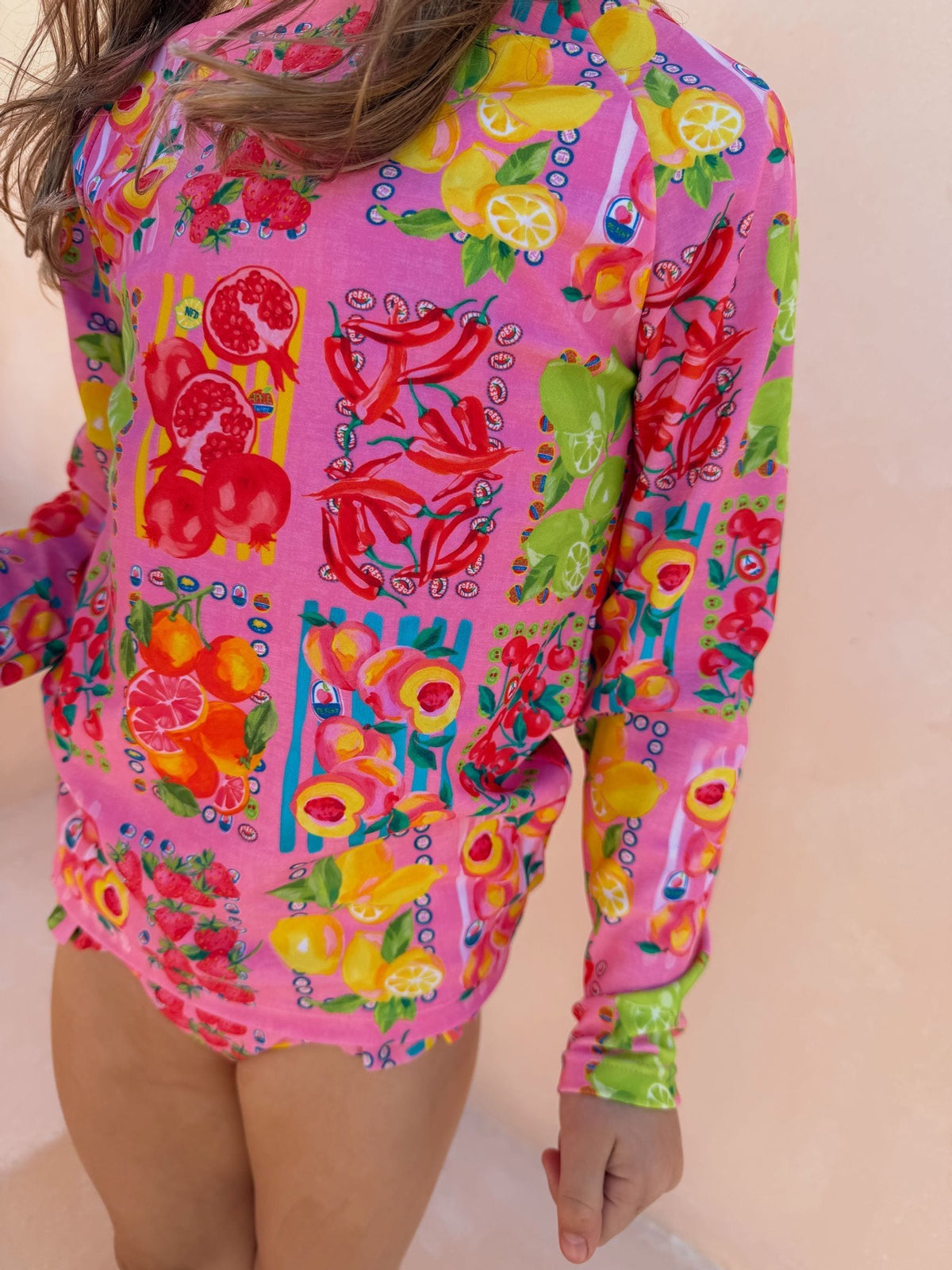 Never Fully Dressed Pink Fruit Print Sunsafe Long Sleeve Rash Vest and Swim Set