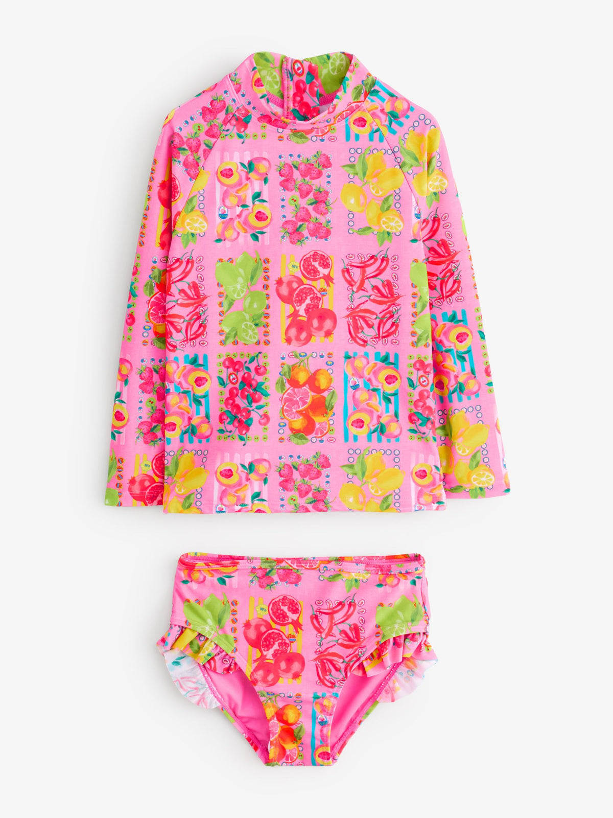 Never Fully Dressed Pink Fruit Print Sunsafe Long Sleeve Rash Vest and Swim Set