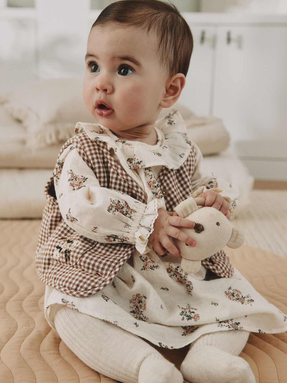 Ecru Floral Woven Baby Dress, Gilet And Tights 3 Piece Set (0mths-2yrs)