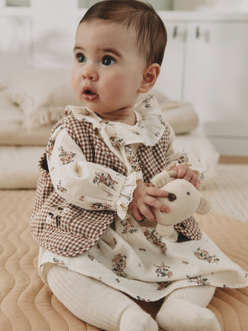 Ecru Floral Woven Baby Dress, Gilet And Tights 3 Piece Set (0mths-2yrs)