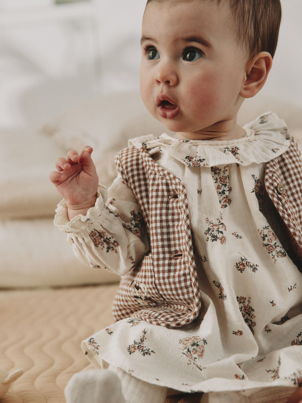 Ecru Floral Woven Baby Dress, Gilet And Tights 3 Piece Set (0mths-2yrs)