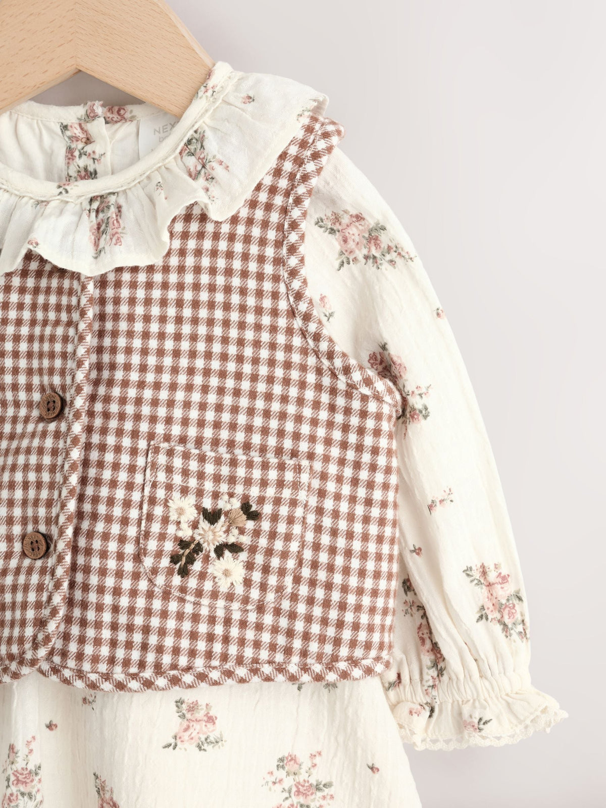 Ecru Floral Woven Baby Dress, Gilet And Tights 3 Piece Set (0mths-2yrs)