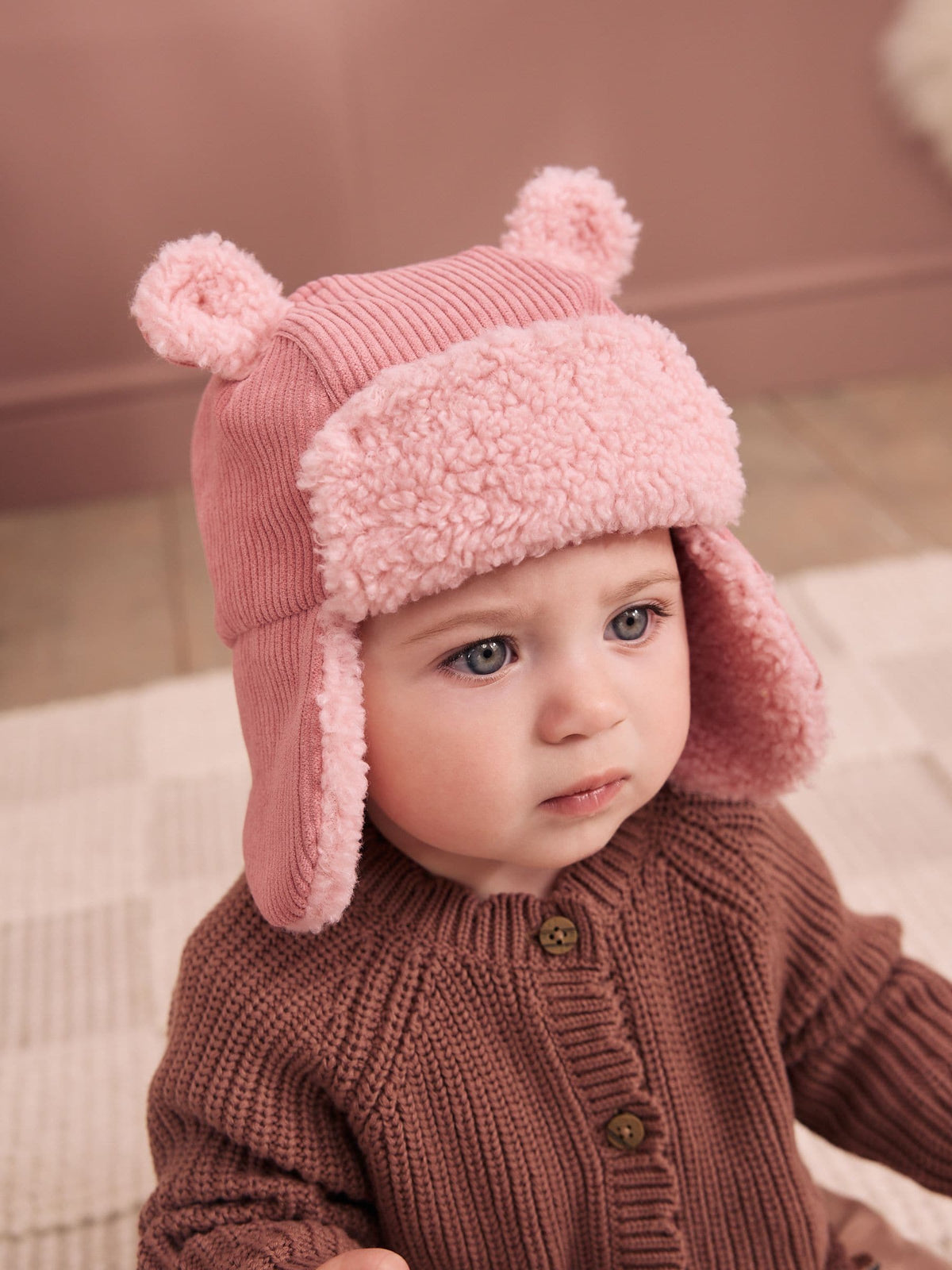 Pink Cord Trapper Baby Hat