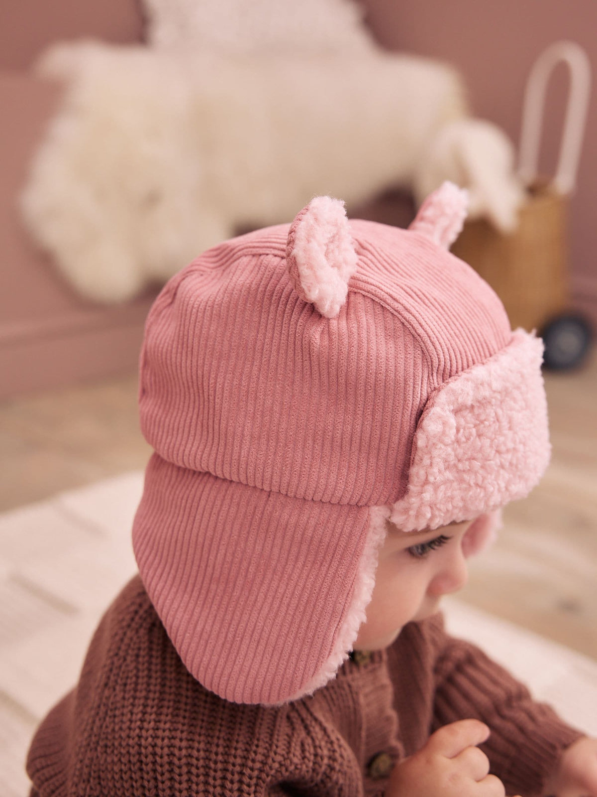 Pink Cord Trapper Baby Hat