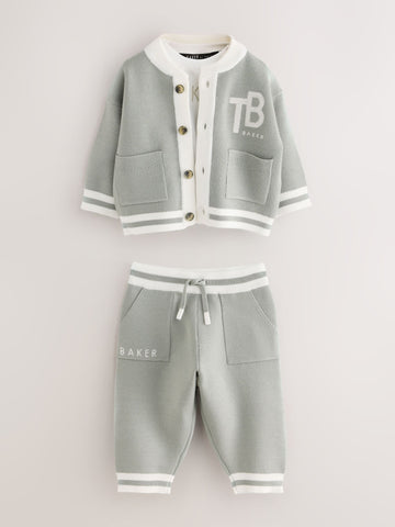 Baker by Ted Baker Green 3 Piece Knitted Varsity Cardigan T-Shirt and Joggers Set 3 Piece