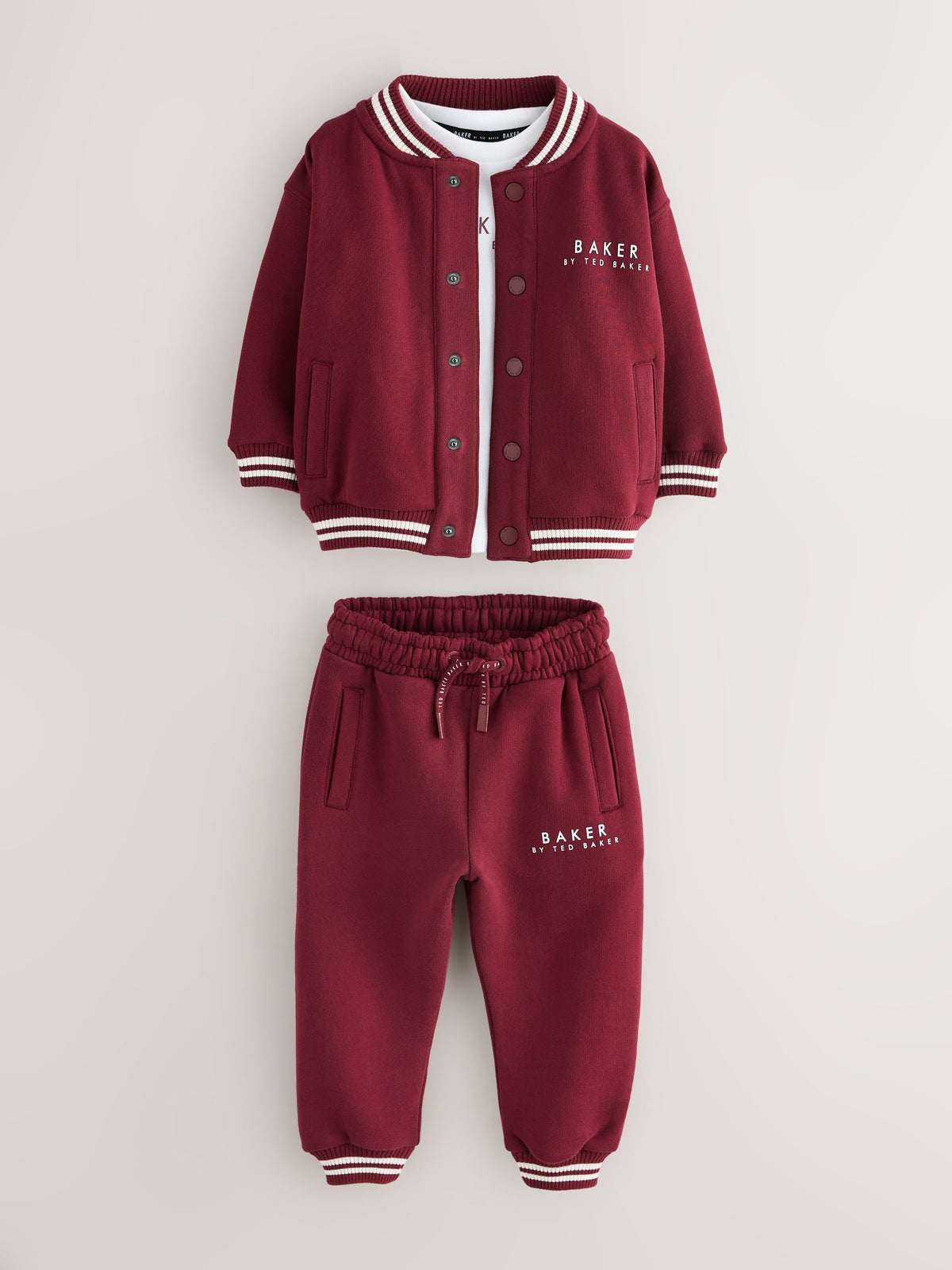 Baker by Ted Baker Burgundy Red 3 Piece Varsity Jacket T-Shirt and Joggers Set