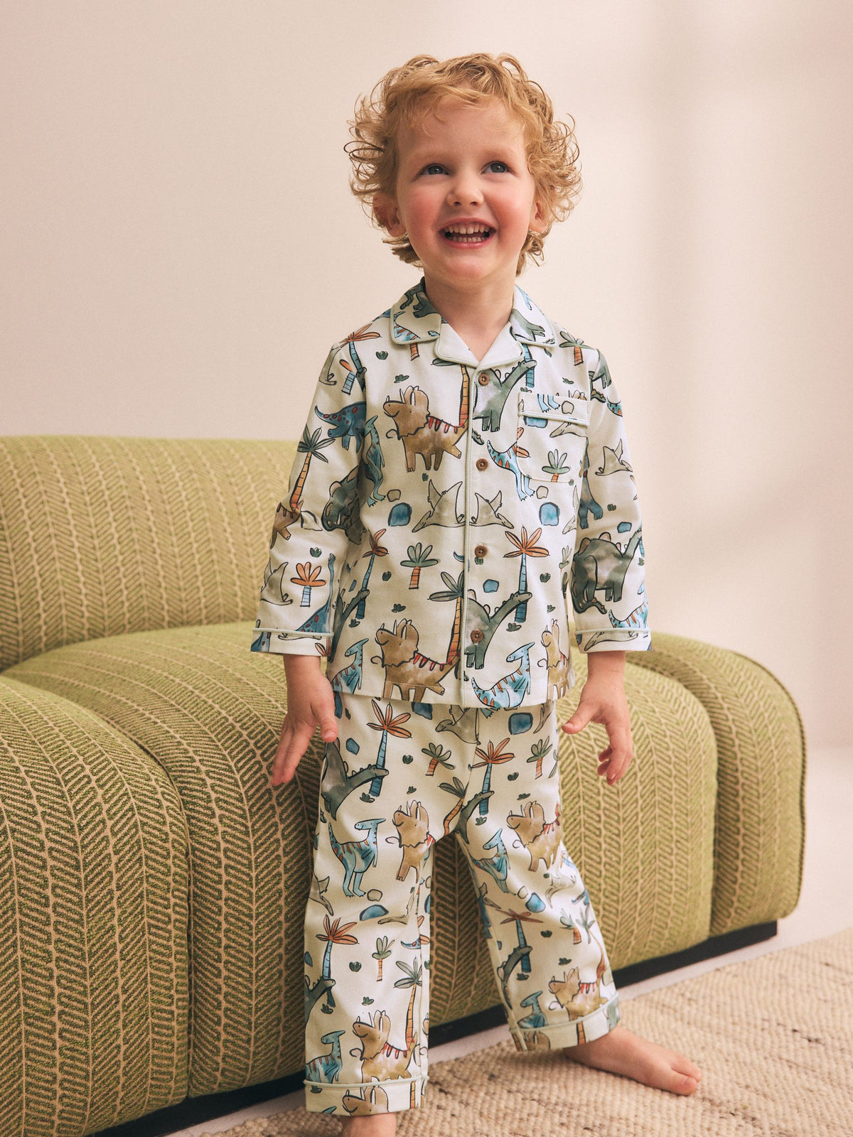 Ecru Watercolour Dino Button Down Pyjamas (9mths-10yrs)
