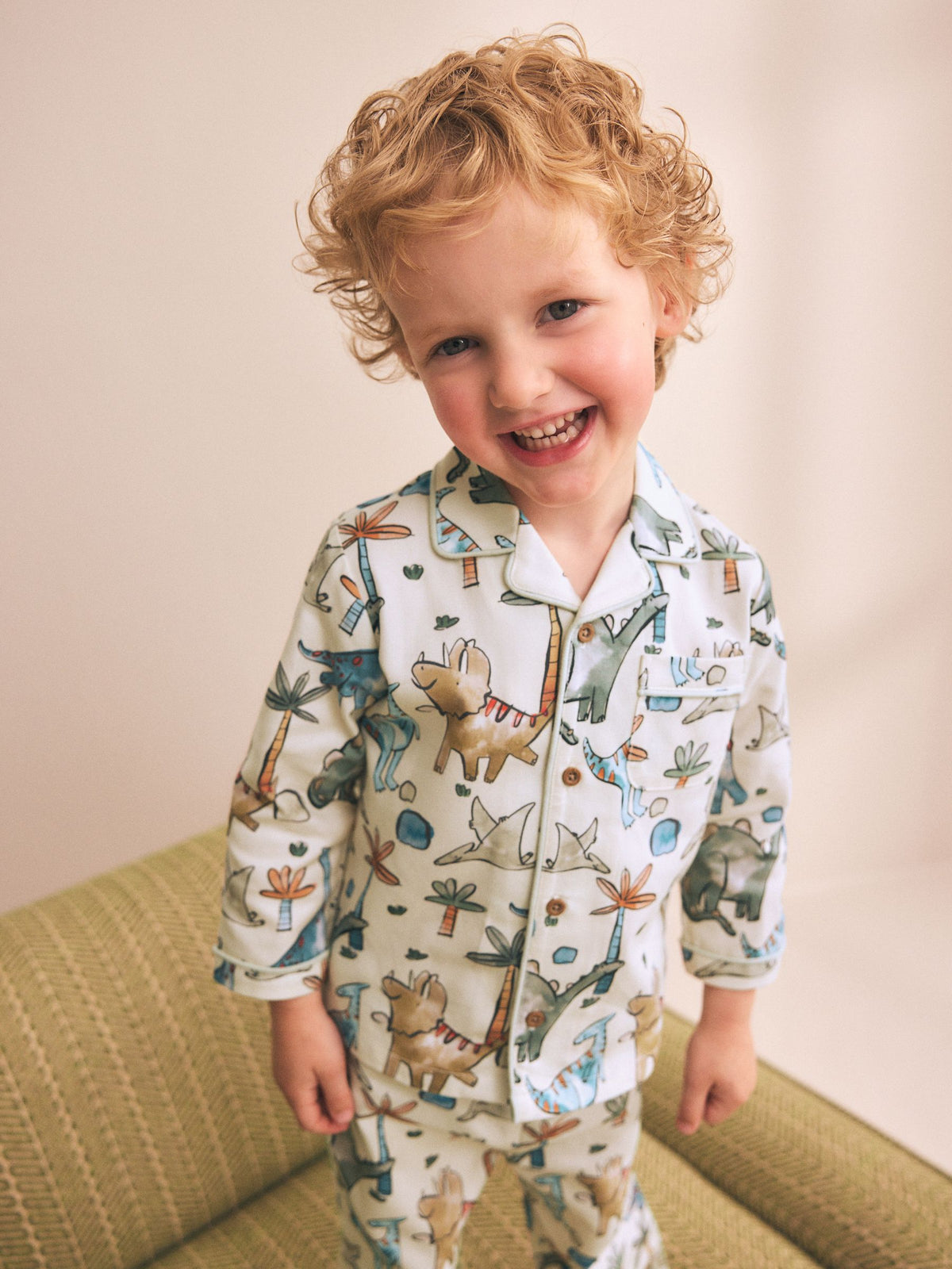Ecru Watercolour Dino Button Down Pyjamas (9mths-10yrs)