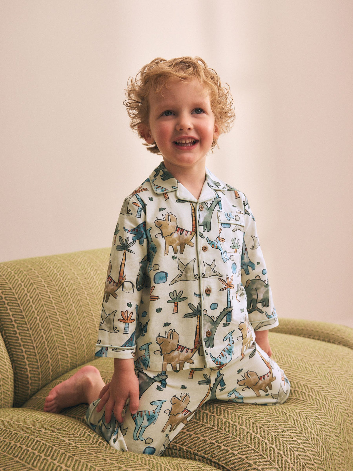 Ecru Watercolour Dino Button Down Pyjamas (9mths-10yrs)