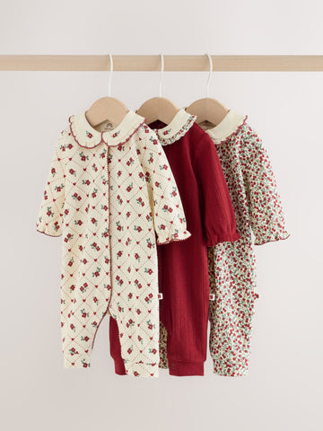 Berry Floral Collar Baby Sleepsuits 3 Pack (0mths-2yrs)
