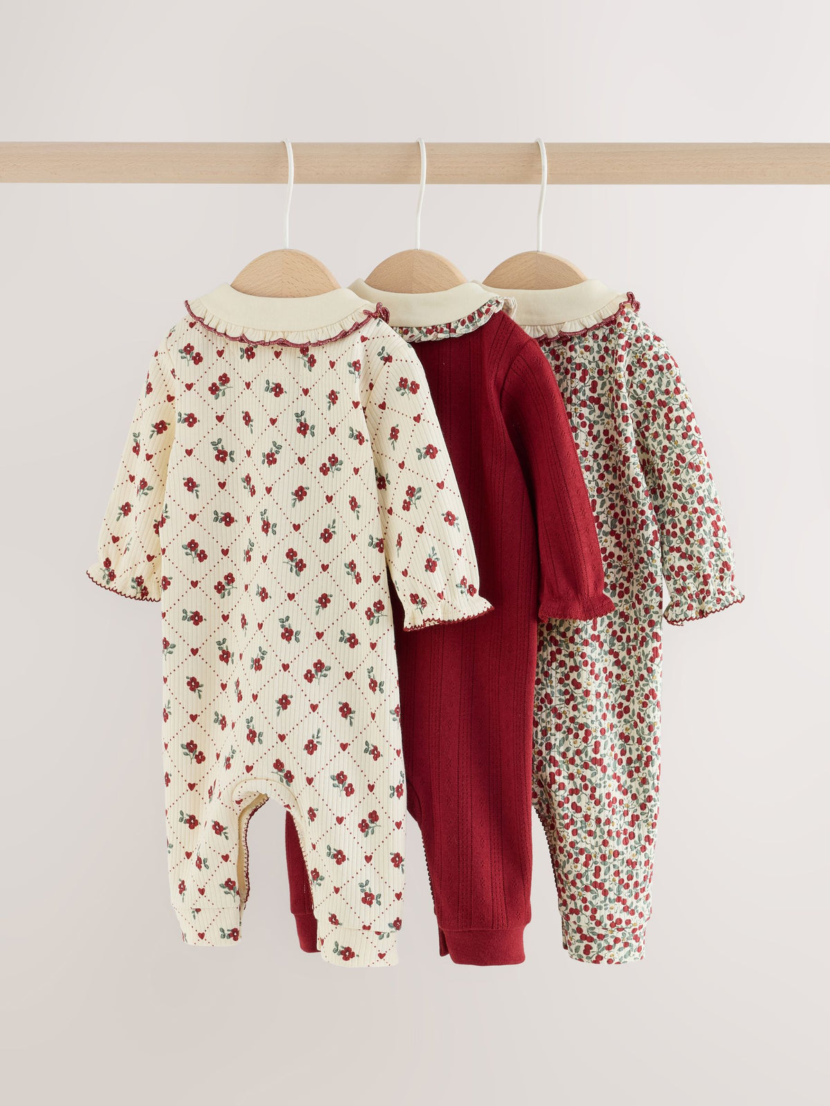 Berry Floral Collar Baby Sleepsuits 3 Pack (0mths-2yrs)