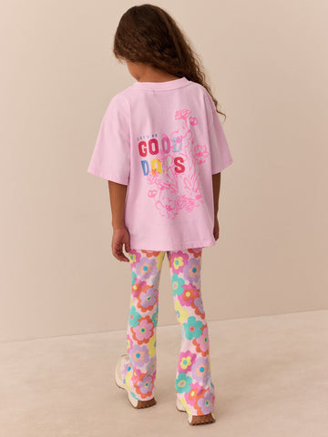 Little Bird by Jools Oliver Pink Embroidered T-Shirt & Floral Ribbed Kickflare Set
