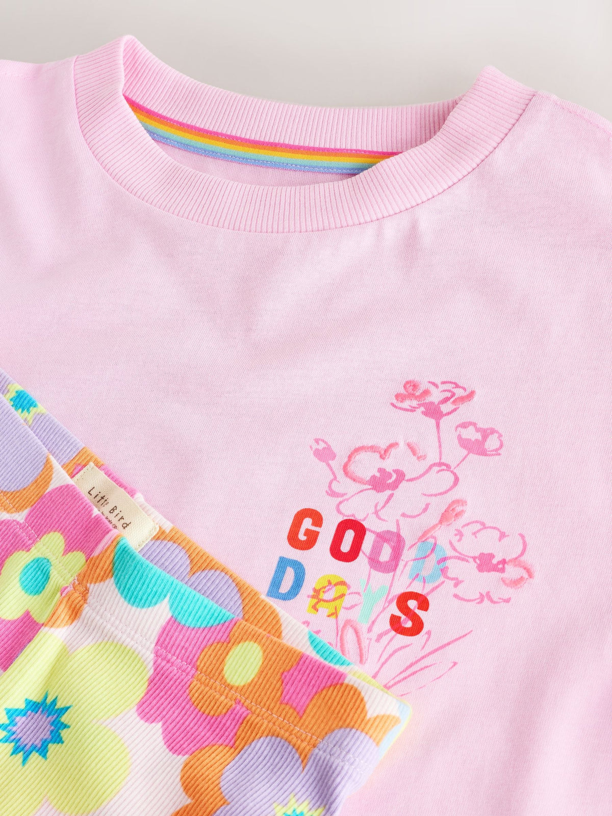 Little Bird by Jools Oliver Pink Embroidered T-Shirt & Floral Ribbed Kickflare Set