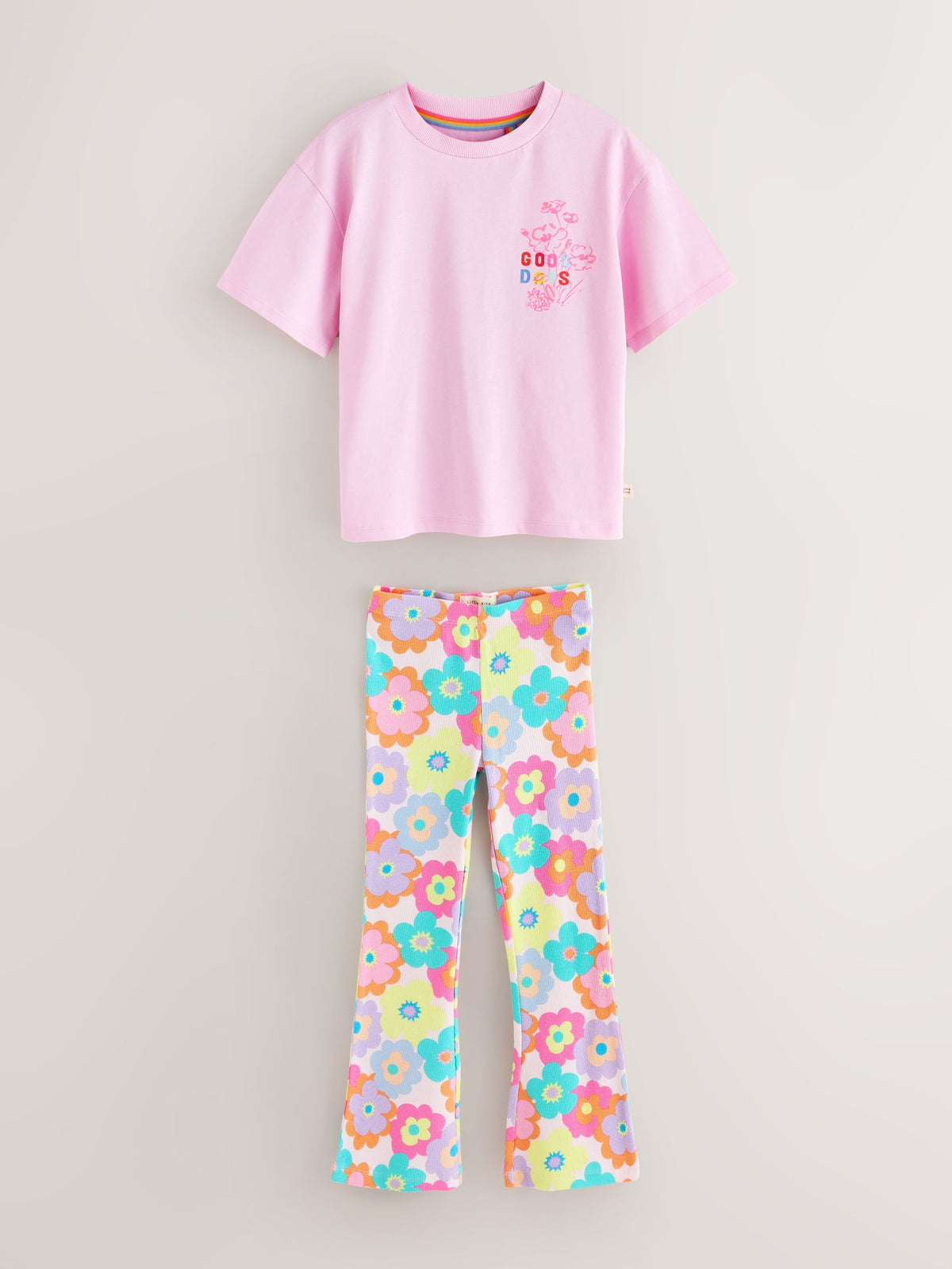 Little Bird by Jools Oliver Pink Embroidered T-Shirt & Floral Ribbed Kickflare Set