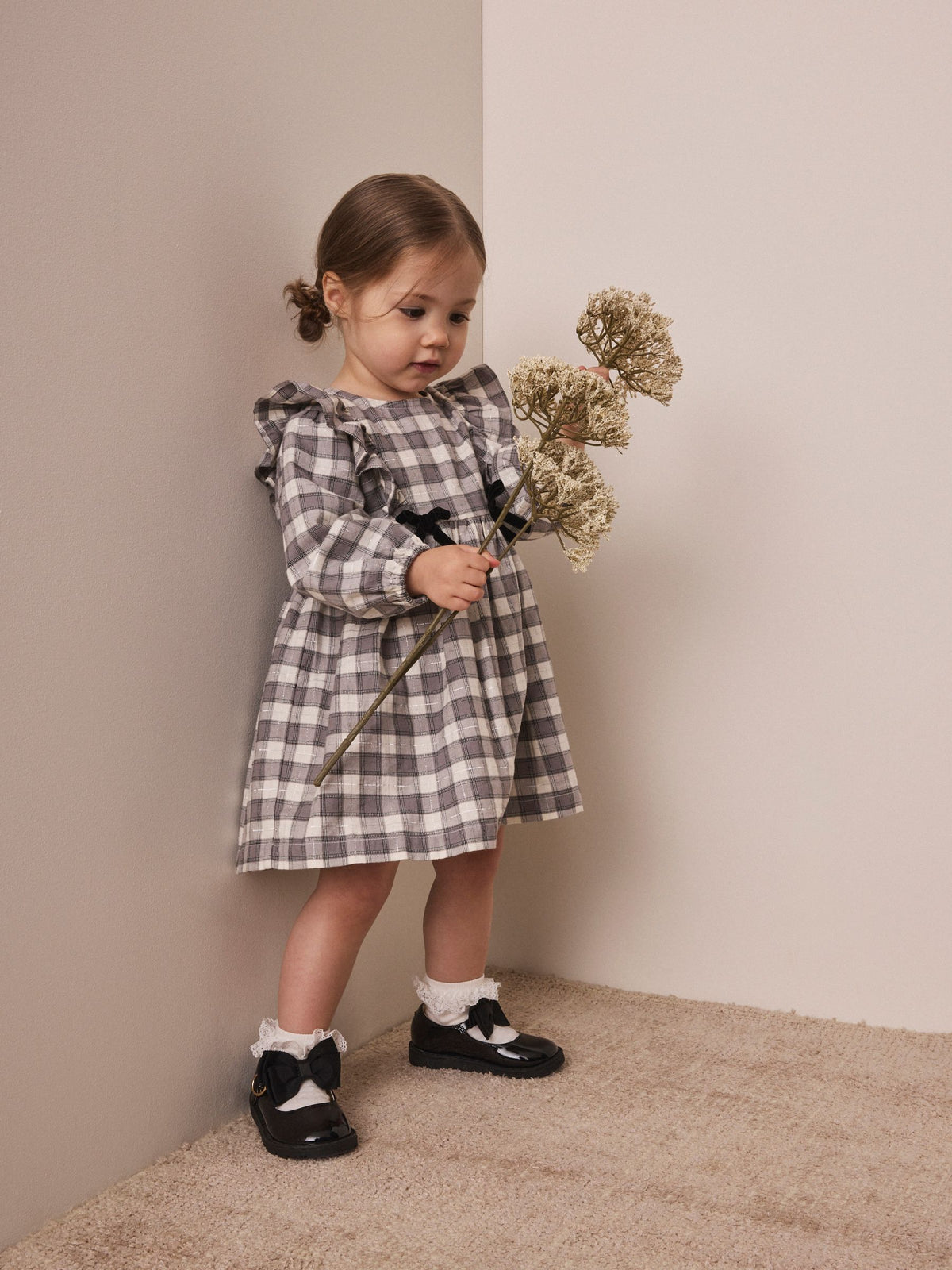 Grey Velvet Bow Long Sleeve Check Dress (3mths-8yrs)