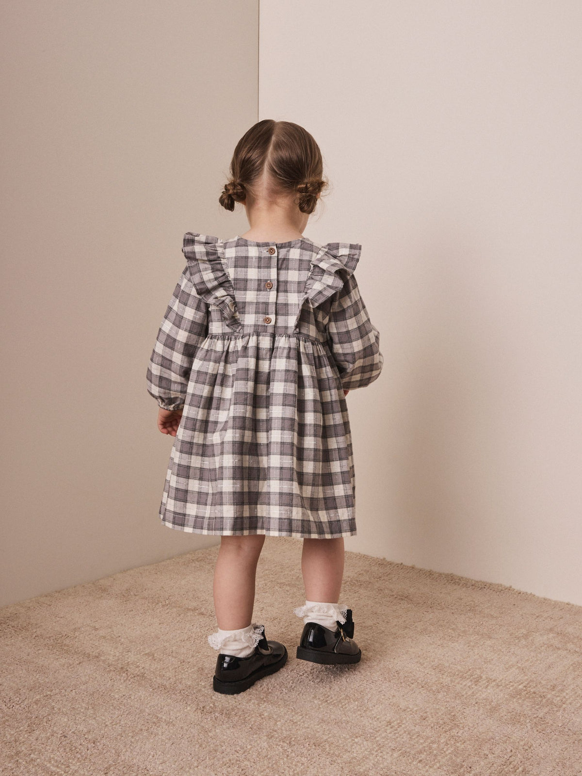 Grey Velvet Bow Long Sleeve Check Dress (3mths-8yrs)