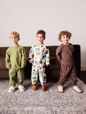 Green/Ecru/Tan Smiley Shapes Oversized Pyjamas 3 Pack (9mths-10yrs)